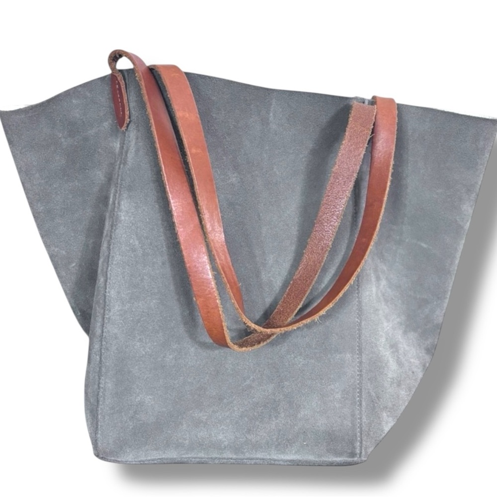 Mark And Graham Large Gray Suede Leather Purse Tote Brown Strap Shopper Bag